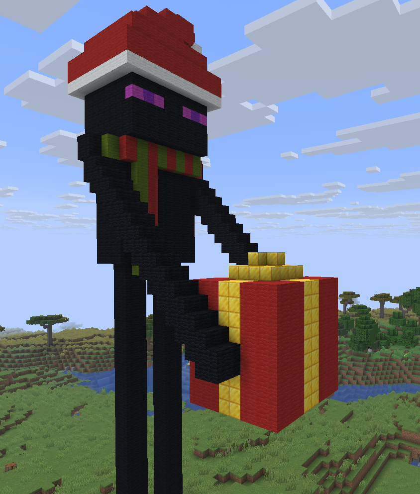 Giant Enderman wearing a Santa hat holding a present
