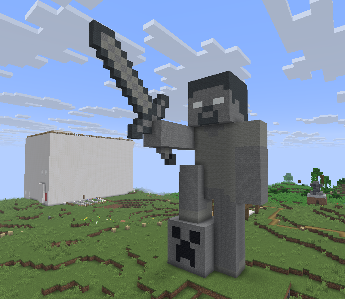 Giant Minecraft warrior statue overlooking the plains