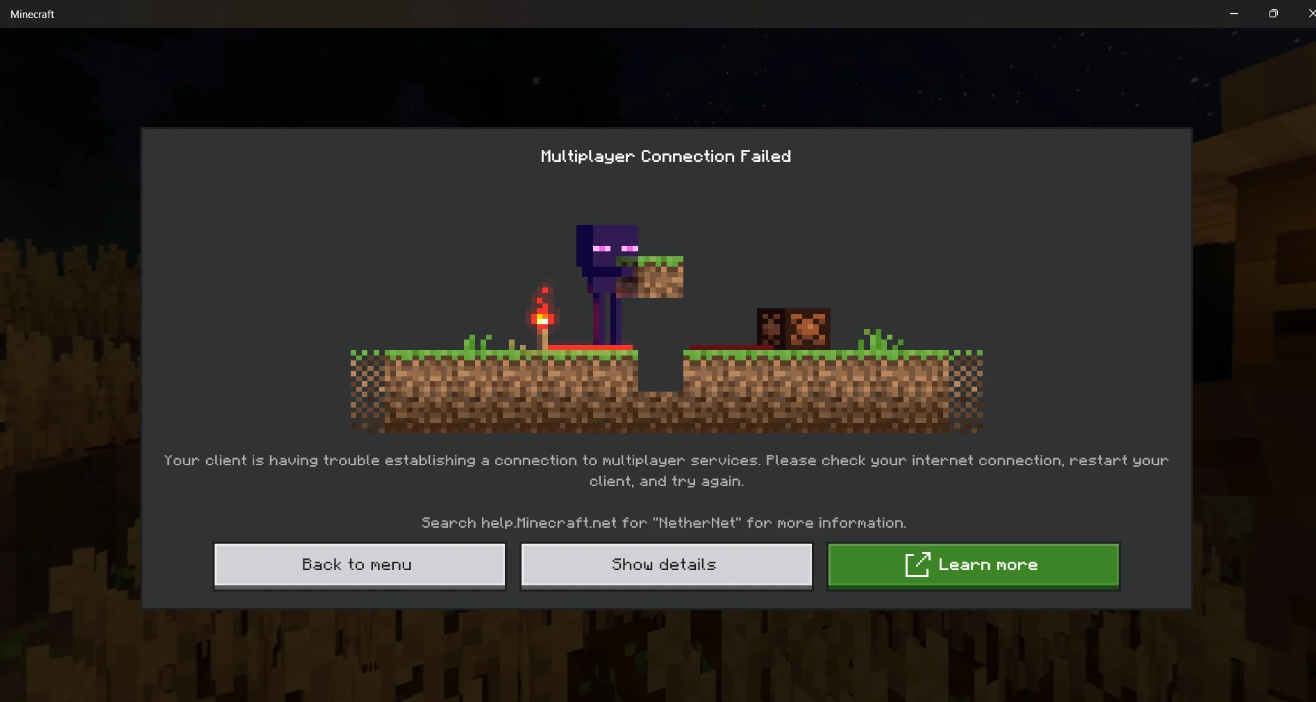 Minecraft "Multiplayer Connection Failed — NetherNet" error screen