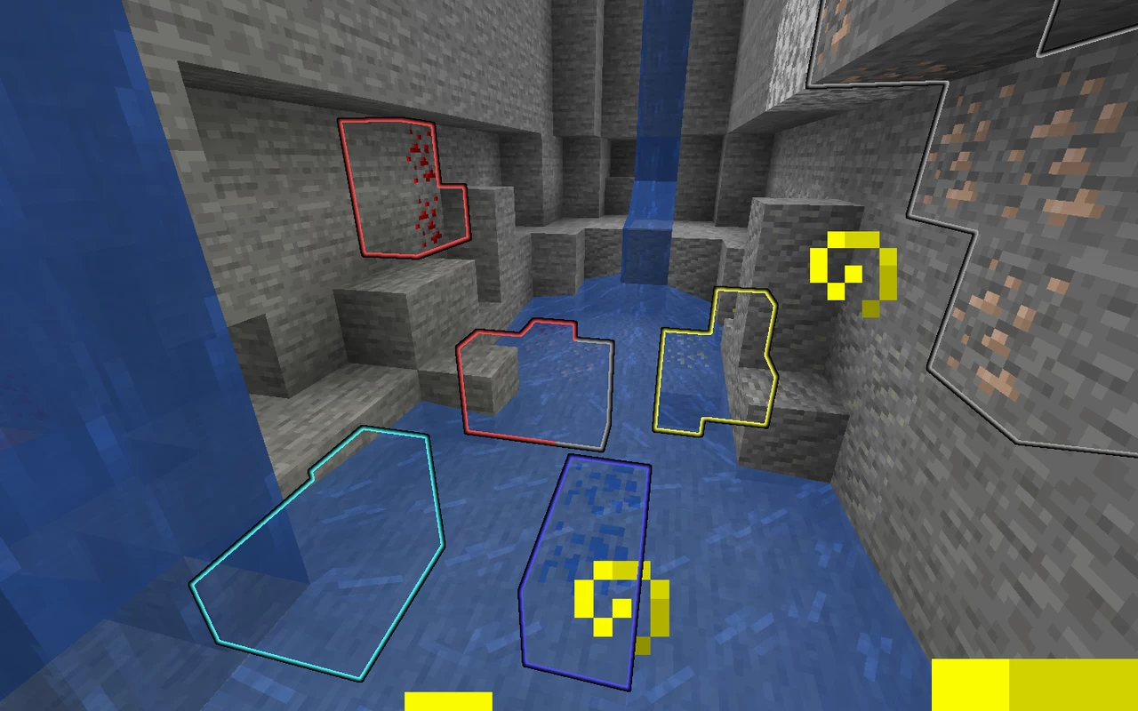 Ore highlighters outline diamonds, redstone, and gold through walls